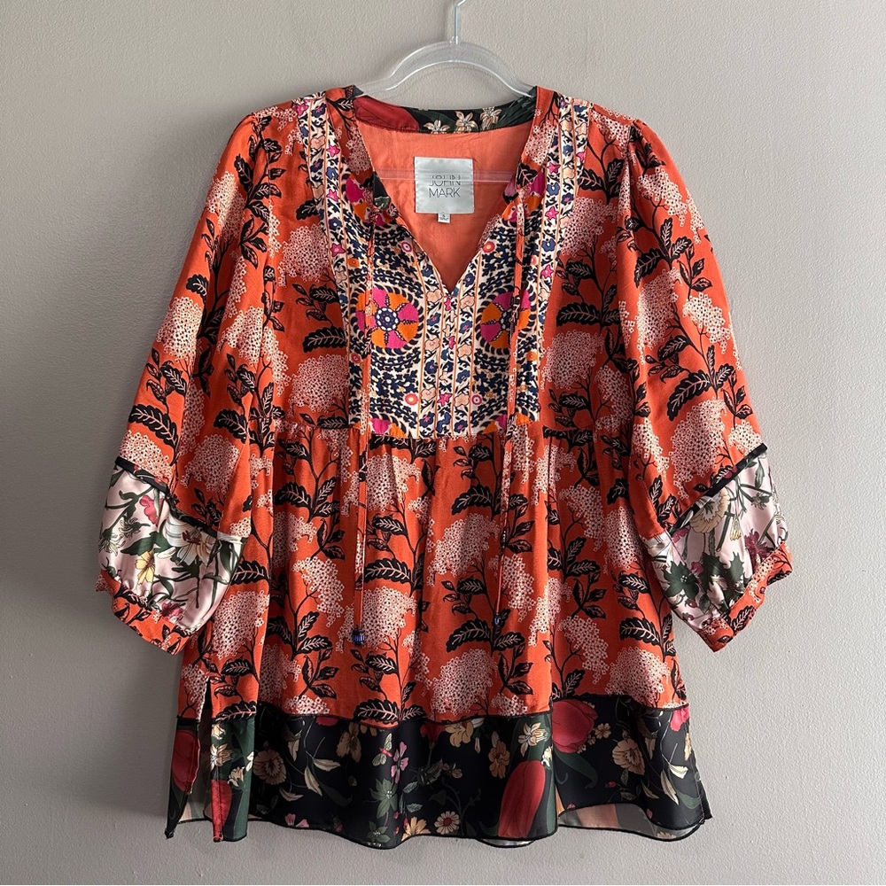 John Mark Orange Floral Boho Tie Front Paris Peasant Blouse Womens Small